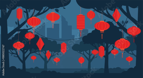 Chinese New Year celebration with hanging red lanterns and trees against a cityscape backdrop, invoking a festive and cultural atmosphere for traditional holidays and events