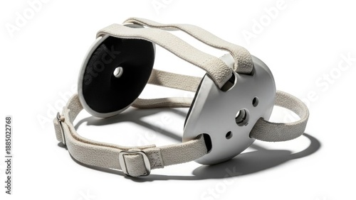 White wrestling headgear with beige adjustable straps and Wrestling, Wrestler, Sports, Combat, Strength.