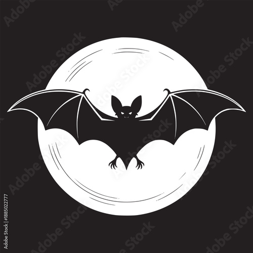 A silhouette of a bat with outstretched wings in front of a full moon on a black background