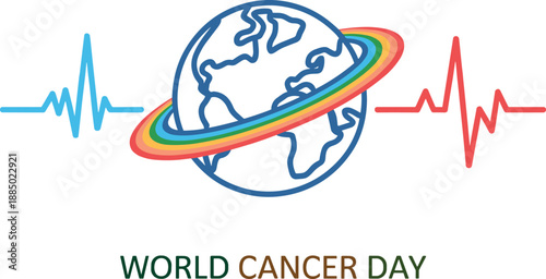 World Cancer Day global awareness illustration with heartbeat pulse lines, Earth globe and rainbow ring symbolizing health, unity, hope, resilience