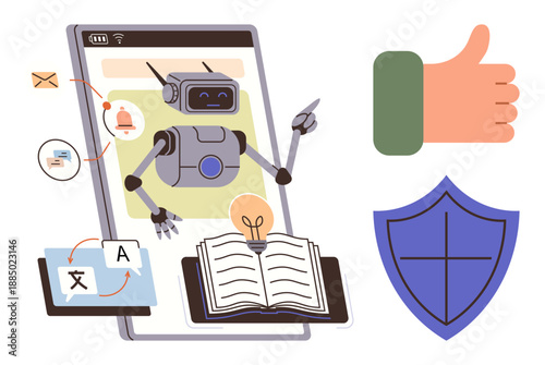 Education, language translation, AI technology, online learning, security, communication. Robot with book and language screen, shield and thumbs-up symbols. Education and AI technology concept