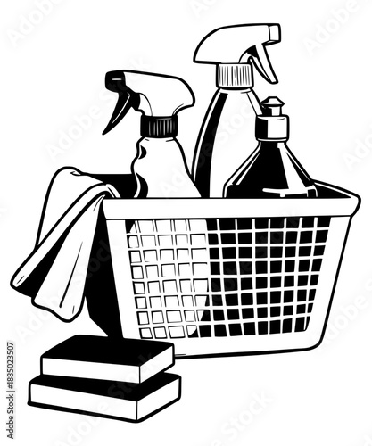 Detailed black and white line art illustration of a cleaning caddy basket filled with spray bottles and detergent. Accompanied by sponges and a cleaning cloth, this graphic is perfect for housekeeping
