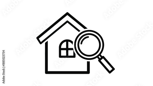 Simple black and white icon representing home search or property inspection process