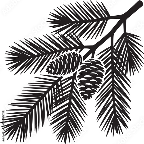 A black and white illustration of a pine branch with needles and two pinecones on a white background