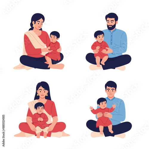 Four illustrations depicting South Asian parents sitting with their babies, showcasing family bonding and care in a loving environment.