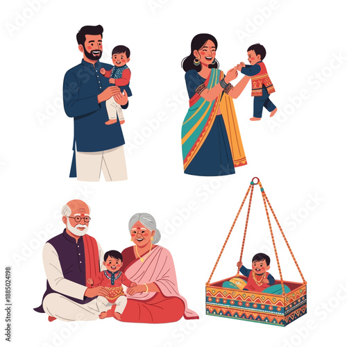 Illustrations depicting an Indian family with a baby, showing parents, grandparents, and a baby in a traditional cradle, celebrating family bonds.