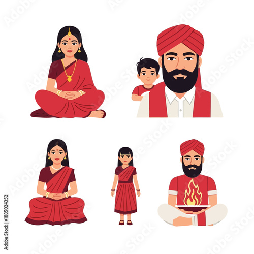 Illustrations of Indian family members and individuals in traditional red attire, depicting cultural and religious aspects.