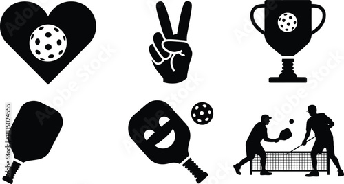 Pickleball graphic icons set with paddles balls court net players trophy