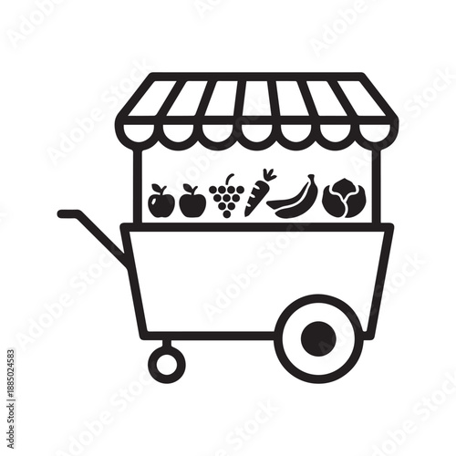 Fruit and Vegetable Cart Icon Vector. Mobile Market Stall Stand with Fresh Produce like Apple, Banana, and Carrot. Street Vendor Kiosk Symbol with Awning.
