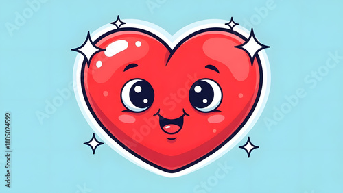 A cheerful red heart character with big eyes and a wide smile surrounded by stars