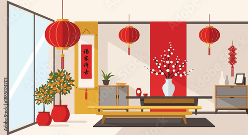 Beautiful Chinese New Year decorations in a modern living room with orange trees, lanterns, and floral arrangements, symbolizing prosperity and good fortune