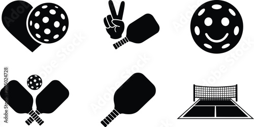 Pickleball icons set including paddles balls court net trophy and peace sign