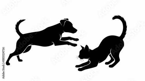 Silhouette of a dog jumping towards a playful cat.