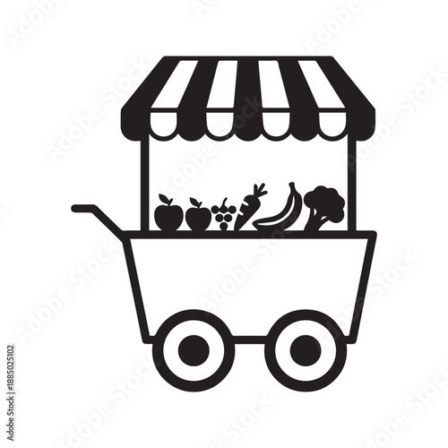 Fruit and Vegetable Cart Icon Vector. Mobile Market Stall Stand with Fresh Produce like Apple, Banana, and Carrot. Street Vendor Kiosk Symbol with Awning.
