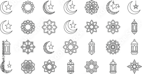 Islamic geometric patterns, moons, stars, and lanterns in outline style