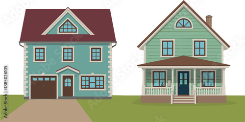 Beautiful Two Story Suburban Family House Set with Garage and Porch in Flat Vector Illustration Style Isolated on White Background