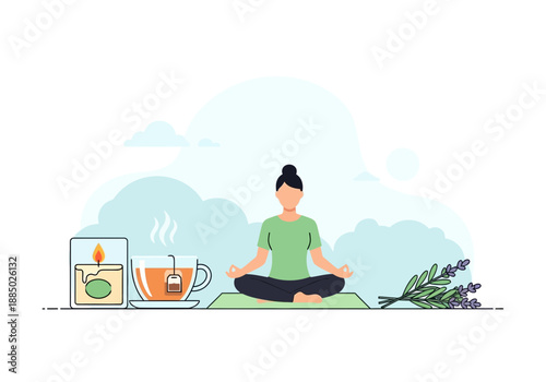 Person meditating peacefully with a cup of tea and a lit candle in a serene environment surrounded by calming elements like lavender.