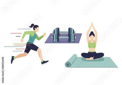 Active women engaging in running and yoga exercises with fitness equipment nearby in a clean and minimalist setting