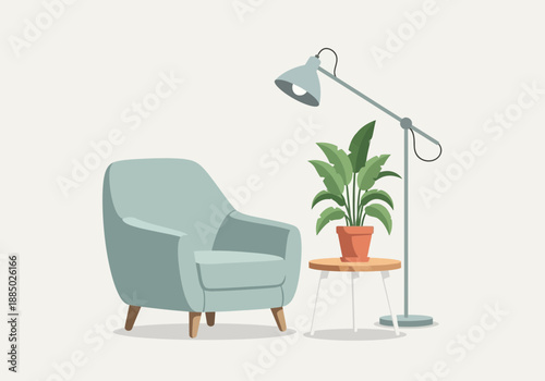 Cozy armchair and floor lamp with potted plant on modern side table in a serene living space setting for relaxation and comfort.