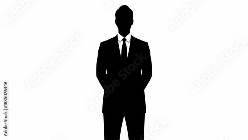Silhouette of a man in a suit standing with hands behind his back.