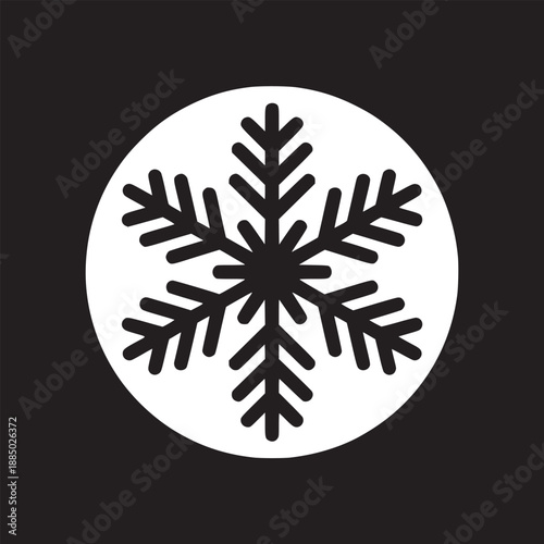 A black and white image featuring a snowflake inside of a white circle on a black background