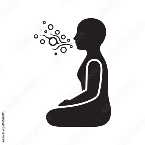Breathing Exercise Icon Vector Glyph. Person Meditating in Lotus Pose Exhaling Air. Deep Breath, Yoga, and Relaxation Symbol.
