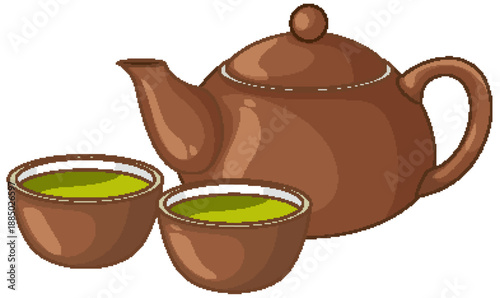 Traditional Brown Ceramic Teapot with Two Cups of Green Tea