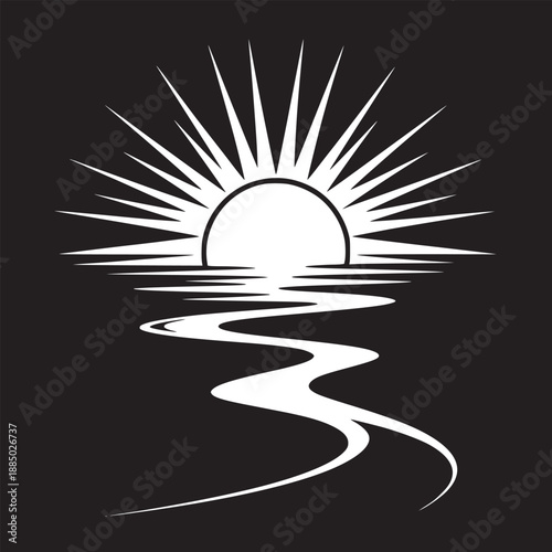 A white sun rising over water with rays reflecting on a winding river in a black background scene design