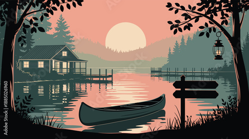 Serene lakeside cottage landscape with sunset view over calm water and rowing boat near forest