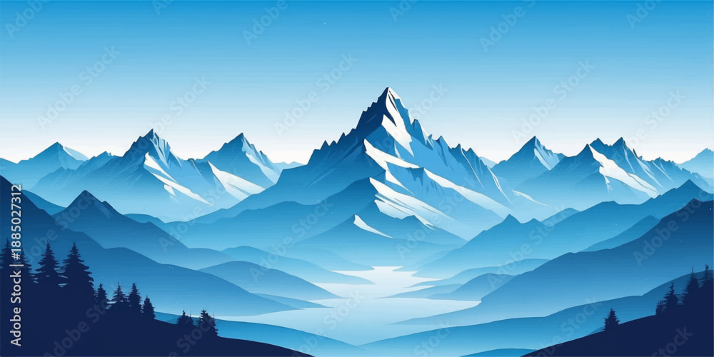 Naklejka premium Misty Alpine Mountain Landscape at Sunrise with Snowy Peaks, Forest, Clouds and Serene Valley Panorama in Morning Nature Light