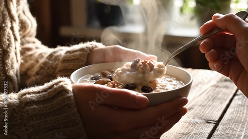 A person in a cozy setting eating oatmeal with raisins and spoon at a wooden table indoors