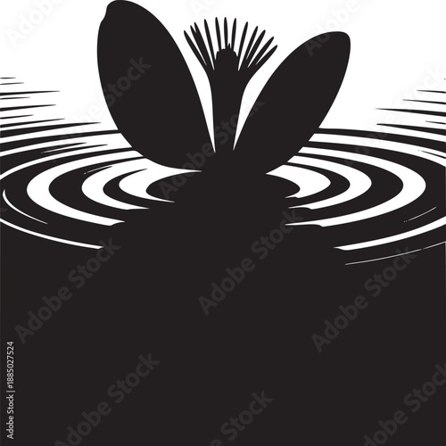 Silhouette of a flower with long petals and stamens on water with concentric ripples in black and white