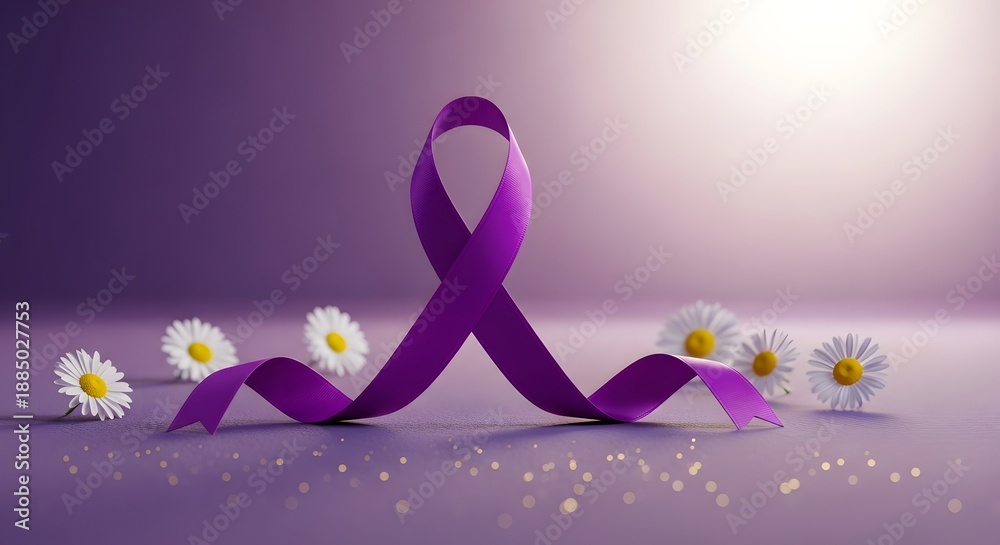 Fototapeta premium Purple ribbon with white flowers on a purple background for cancer awareness and support
