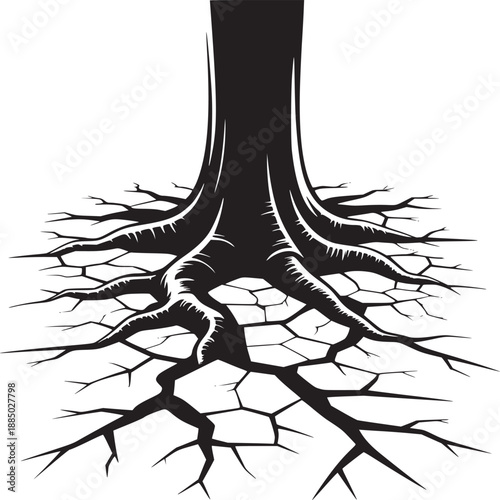 A stark black and white illustration of a tree trunk with exposed roots against a plain background