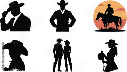 Set of wild west cowboy and cowgirl silhouettes in various poses and situations wearing hats vector