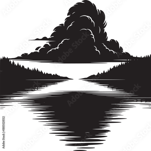 A monochrome landscape featuring a large cloud over a lake with a forest silhouette on the horizon line