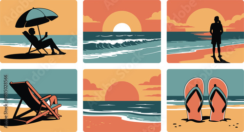 Six vibrant beach scenes showing sunsets relaxation and solitary figures enjoying ocean view vacation