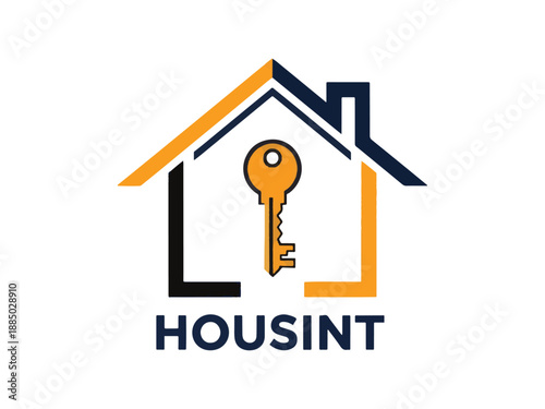 Modern Real Estate Logo Design - "HOUSINT" Branding with House Silhouette and Key Symbol in Navy Blue and Orange for Property Management and Housing Services