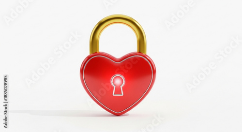 Red heart shaped padlock with gold clasp on white background