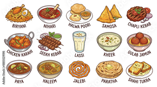 a colorful grid of 16 classic meals on a clean white backdrop, viewed from a front flat illustration perspective