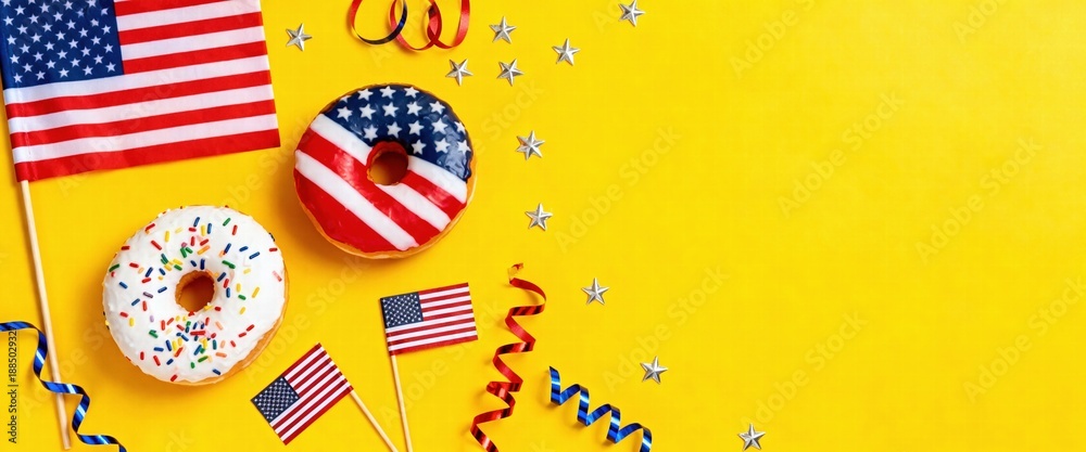 Fototapeta premium Patriotic American Donuts Celebrating National Festivities with Flags