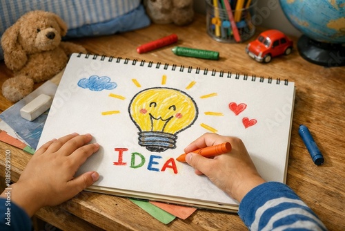 Kids hand drawing idea bulb on drawing book