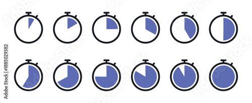 Blue flat stopwatch icon collection indicating time phases and project status