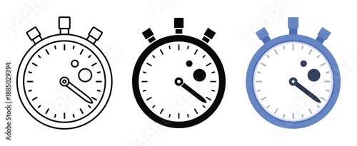 Professional sports stopwatch icon set featuring outline solid and blue versions
