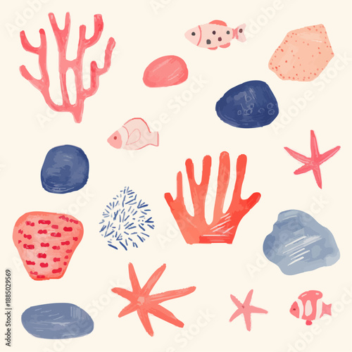 ゆるい手描きの珊瑚・岩・魚・ヒトデなどの海のモチーフ。レッドオレンジと青の配色のシームレスパターン