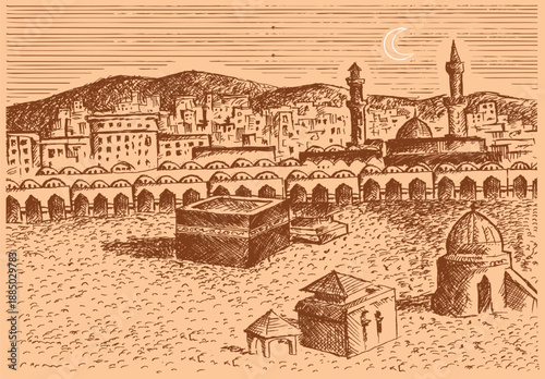 Old Makkah drawing in etching style. Editable Clip Art.