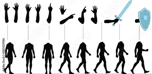 Male Silhouette Character Movement Set with Different Walking Poses and Hand Gestures Holding Sword and Shield for Game Design and Animation Reference.