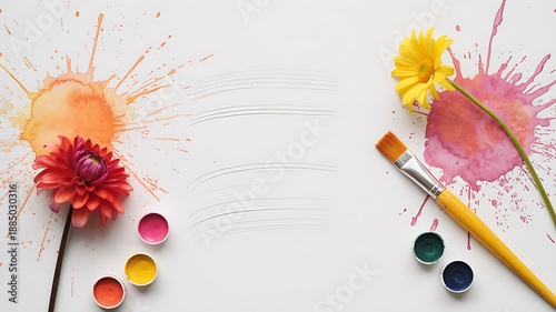 Watercolor paint splashes with palette and brushes on white background creative art and design concept
