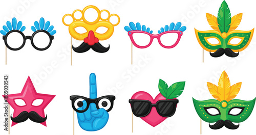 Set of Colorful Masquerade Masks and Fun Photo Booth Props Featuring Mustaches Glasses and Heart Shapes for Carnival Party and Festive Celebration Decorations.