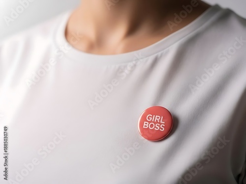 A person wearing a white t-shirt with a red Girl Boss badge on the chest is visible from the neck down standing indoors